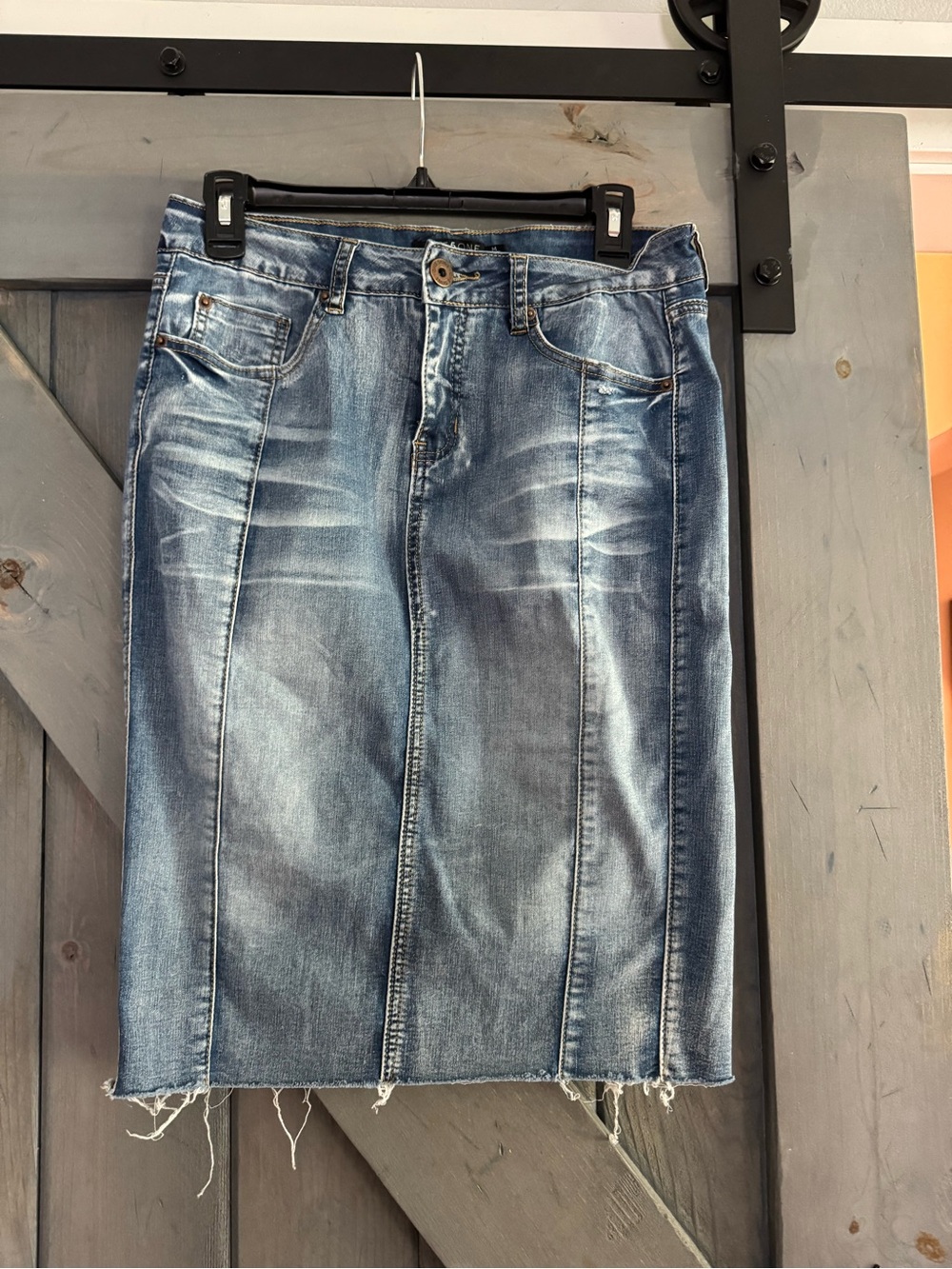 one 5 one Distressed Blue Denim Pencil Skirt